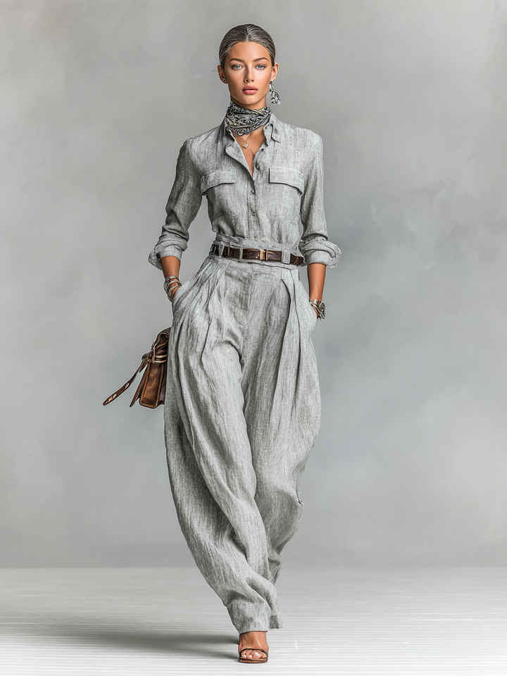 Women's Cotton-linen Blend Long-sleeved Shirt And Trousers Two-piece Set (belt Not Included)MDA3105G6Y