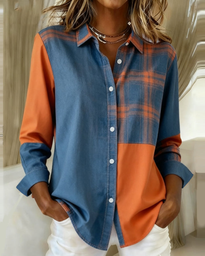 Cynthia® | Shirt with Notched Collar and Checked Contrast Design