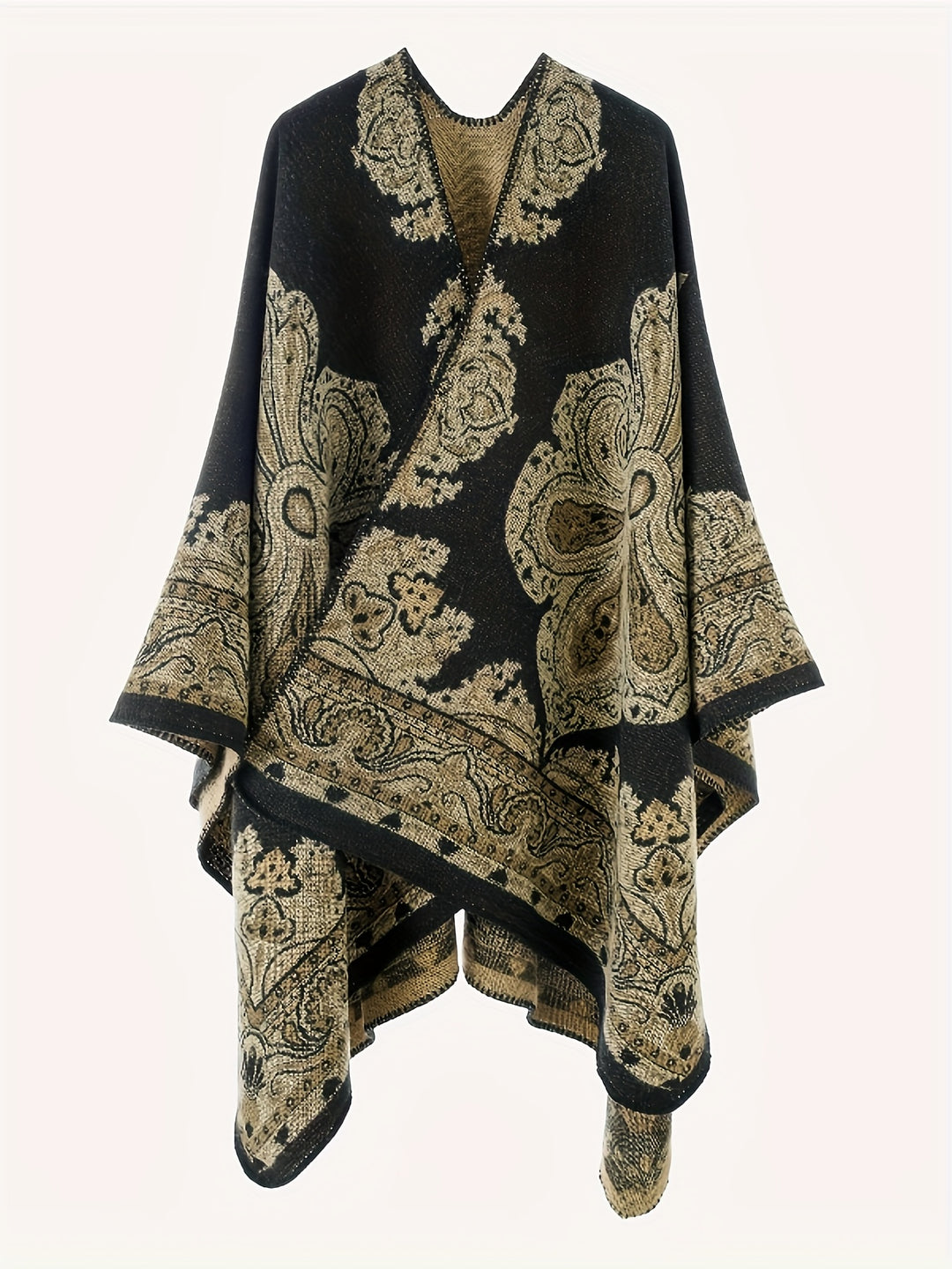 Women's Elegant Scottish Paisley Print Wrap Shawl Coat - Asymmetrical Long Sleeve All-Season Outerwear, Green & Brown Tartan Pattern, Versatile Travel & Formal Attire, Hand Washable Luxury Wrap Dress Accessory, Paisley Design with Green, Brown, and Golden