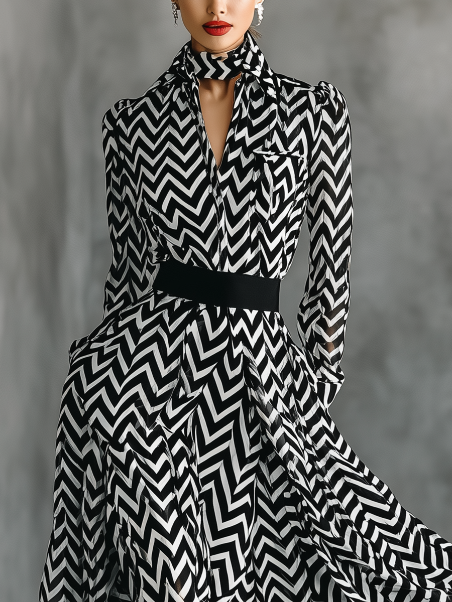 Women's Black And White Herringbone Chiffon Tie-Up Maxi Dress MDA2542G5T