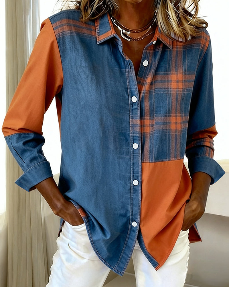 Cynthia® | Shirt with Notched Collar and Checked Contrast Design