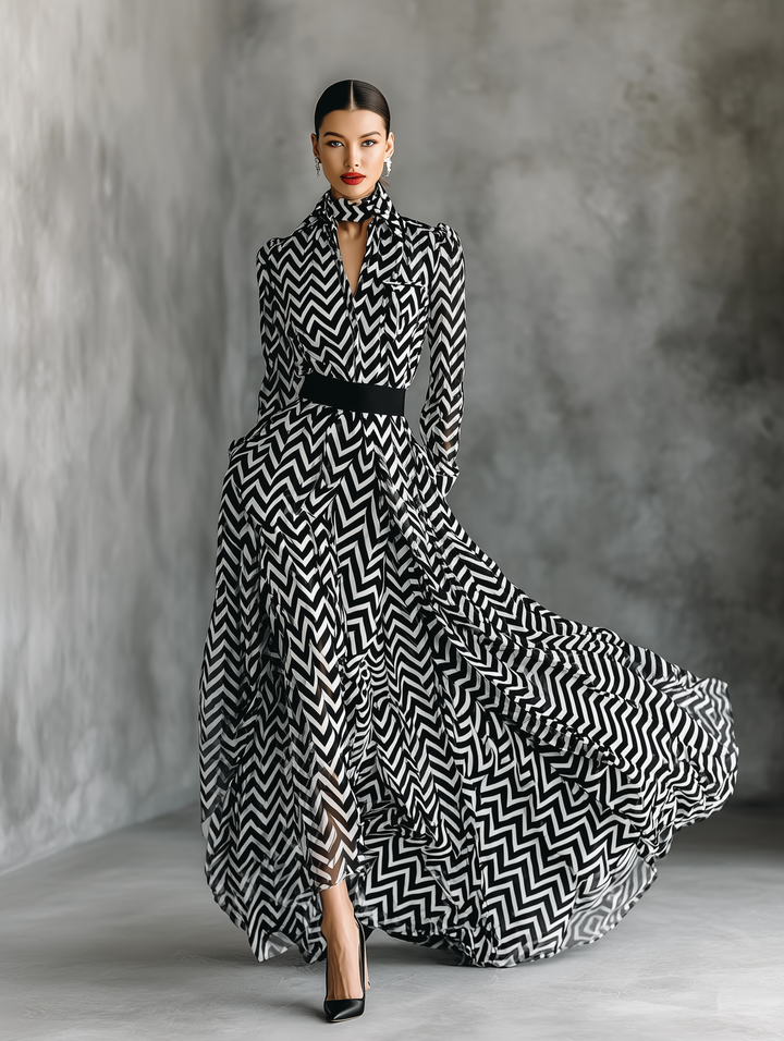 Women's Black And White Herringbone Chiffon Tie-Up Maxi Dress MDA2542G5T