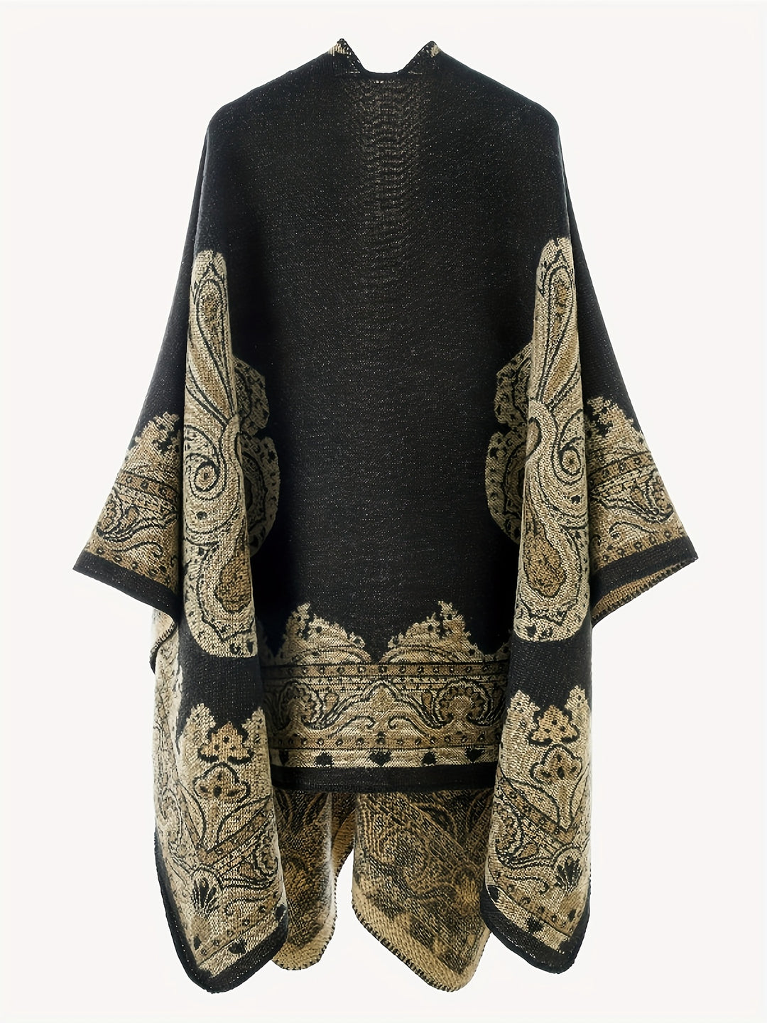 Women's Elegant Scottish Paisley Print Wrap Shawl Coat - Asymmetrical Long Sleeve All-Season Outerwear, Green & Brown Tartan Pattern, Versatile Travel & Formal Attire, Hand Washable Luxury Wrap Dress Accessory, Paisley Design with Green, Brown, and Golden