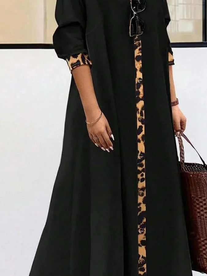 Women's Casual Solid Color Splicing Leopard Print Loose Dress