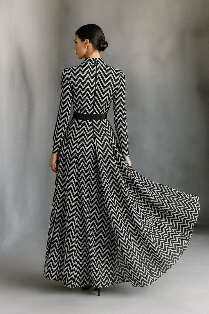 Women's Black And White Herringbone Chiffon Tie-Up Maxi Dress MDA2542G5T