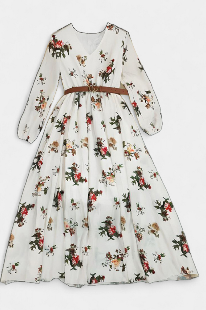 Amanda Vestido Maxi Floral con Cuello en V y Mangas Largas
